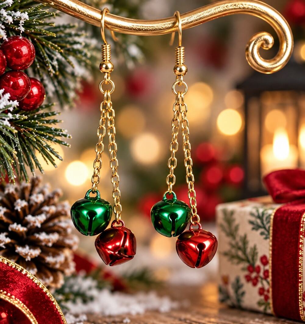 Handmade Christmas Red Green Jingle Bell Dangle Earrings Gold Tone Holiday #C38